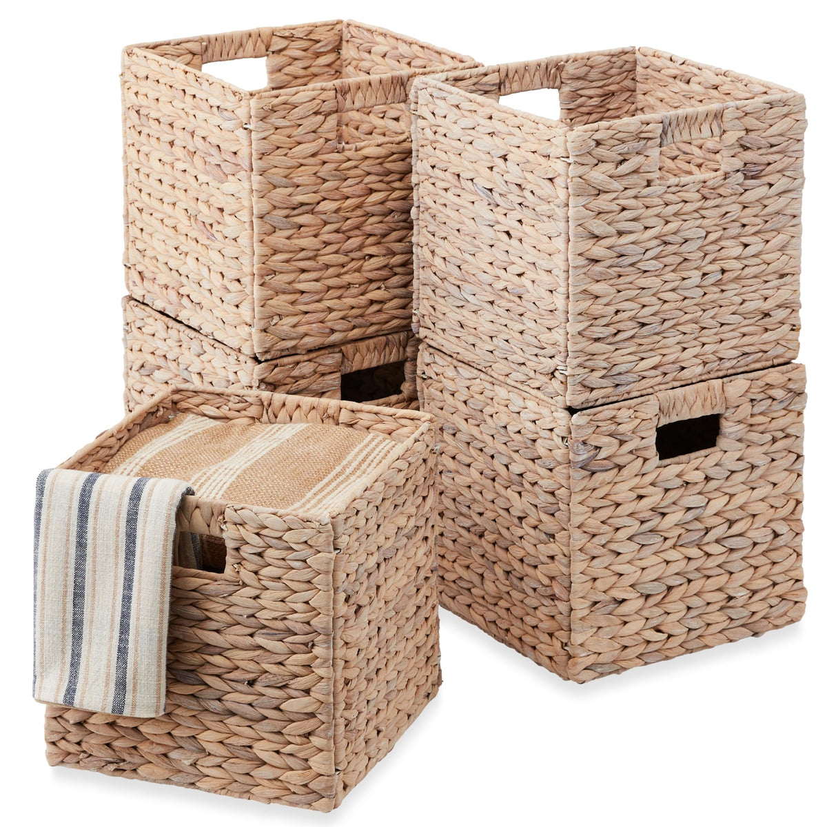 Best Choice Products 10.5x10.5in Pack of 5 Cube Storage Baskets, Water Hyacinth Multipurpose Collapsible Organizers, Handwoven Laundry Totes for Laundry, Living Room, Kids Room & Nursery - Whitewash