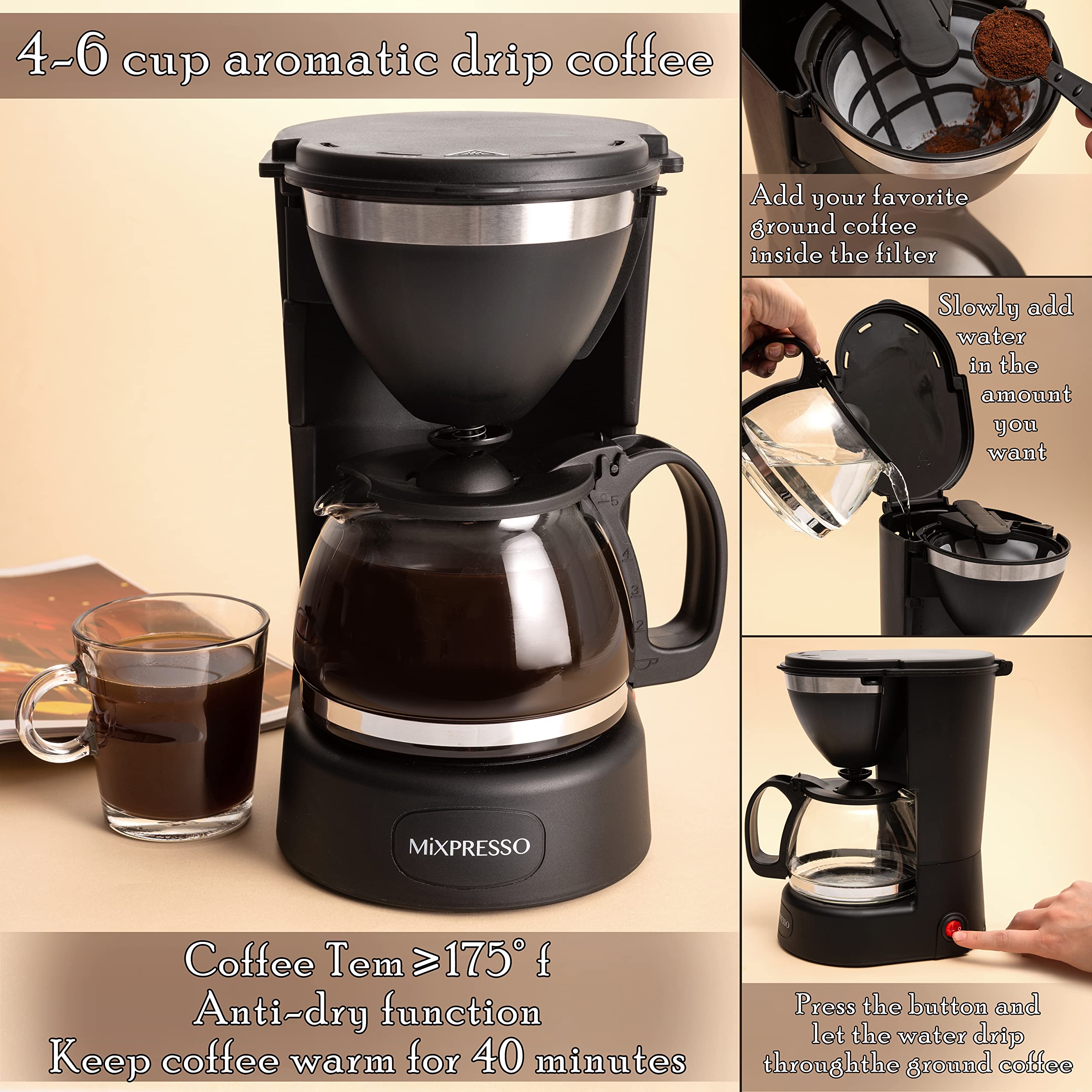 Mixpresso 5 Cup Drip Coffee Maker, Coffee Pot with Reusable Filter, Black