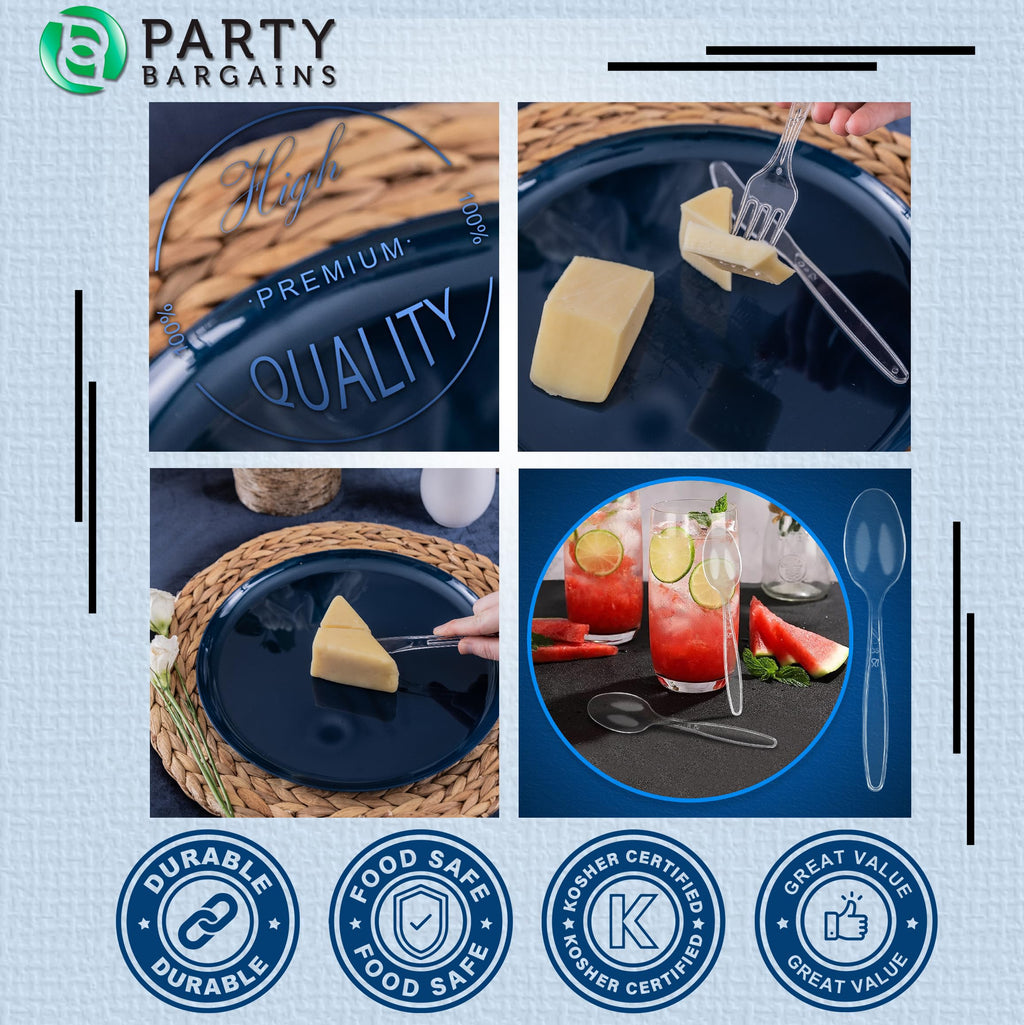 PARTY BARGAINS Disposable Cutlery Set 1440-Piece – Sapphire Settings Clear Plastic Forks Spoons Knives – Heavy-Duty Utensils for Parties Catering Weddings & Events – BPA Free