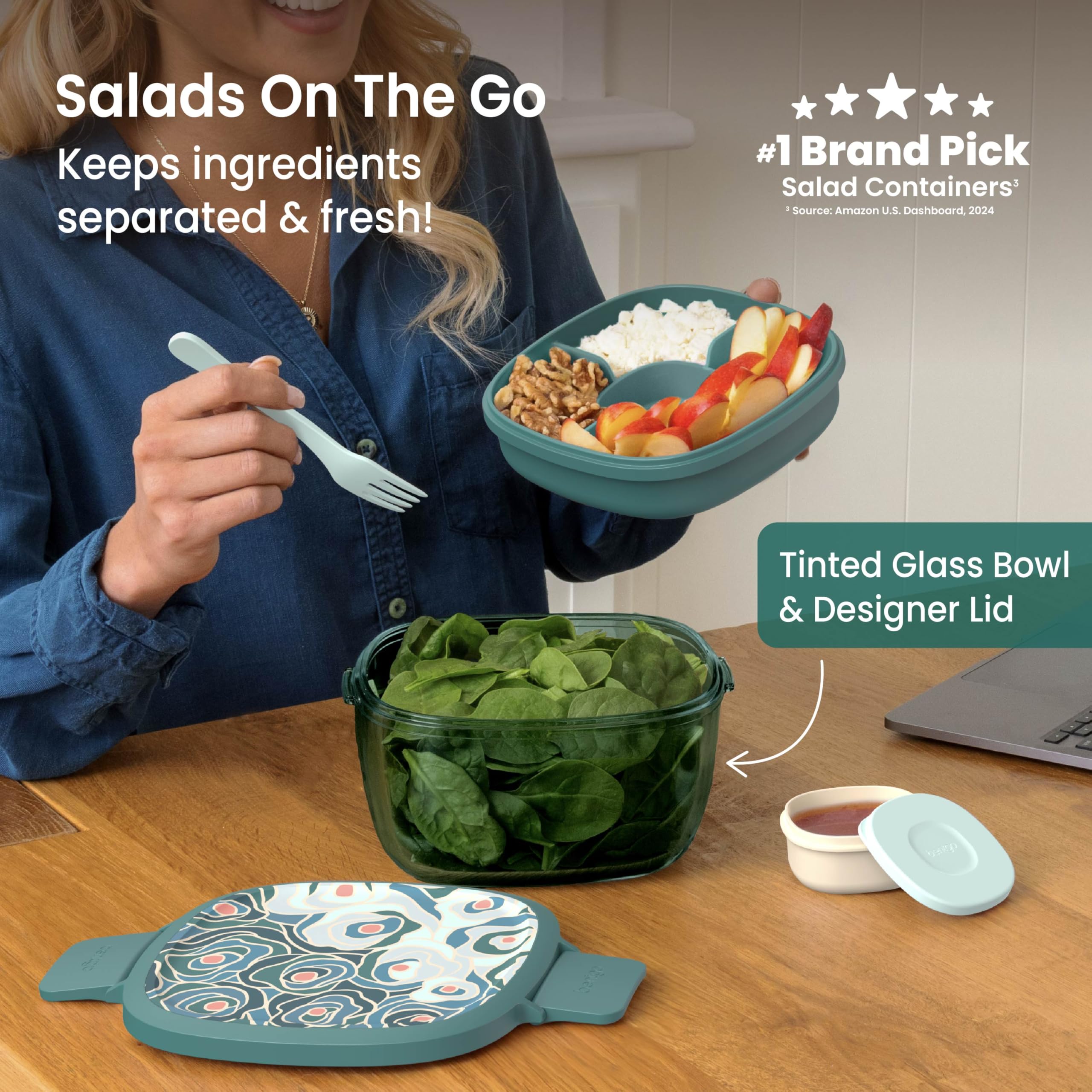 Bentgo Glass Prints Salad Container - 7.6-Cup Tinted Glass Salad Bowl with Airtight Lid, Leak-Proof Sauce Container, 4-Compartment Bento Meal Prep Tray & Reusable Fork (Floral Maximalist - Sea)