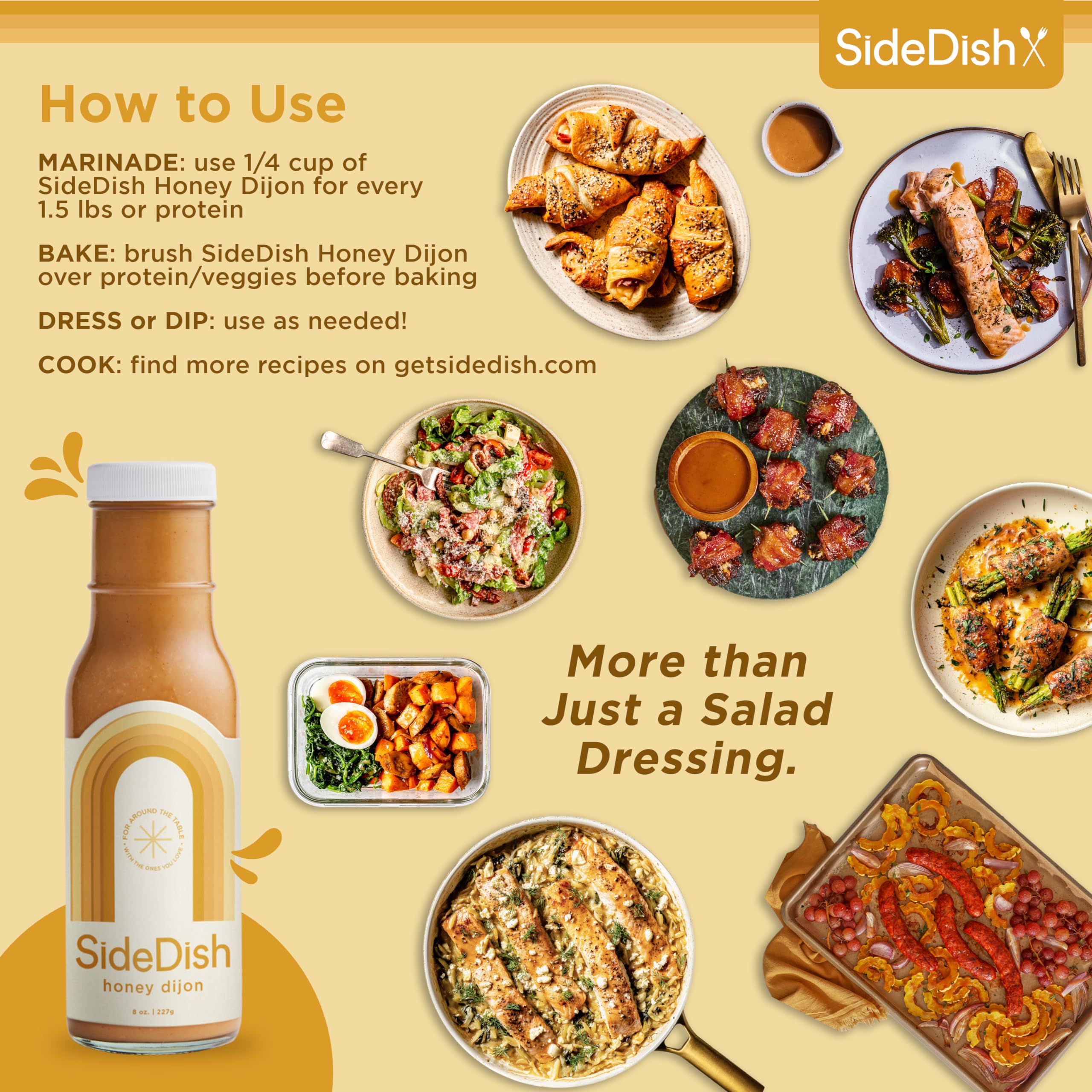 SideDish Honey Dijon Dressing (Pack of 3) – Seed Oil Free Made w/Avocado Oil – Refined Sugar Free, Dairy & Gluten Free Dip & Marinade – Paleo Honey Mustard Dressing for Dips, Sauces