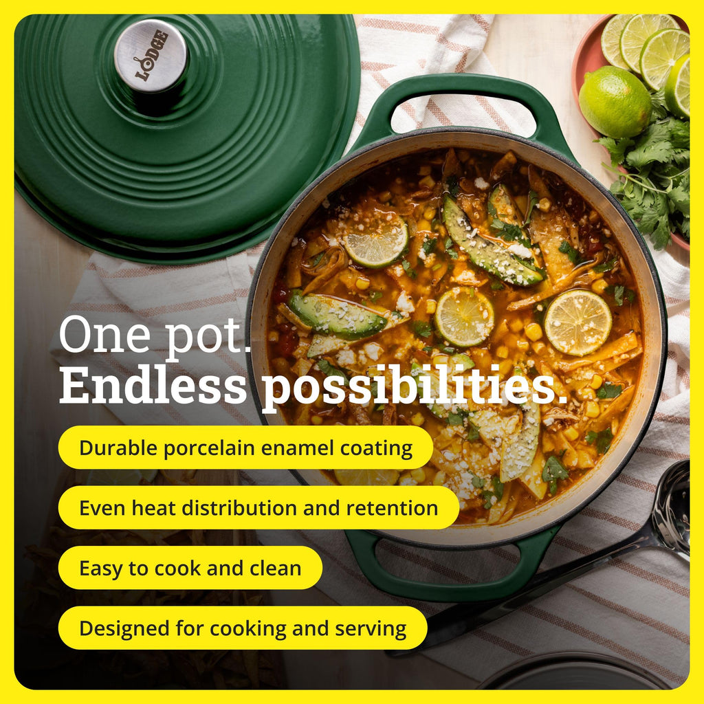 Lodge Essential Enamel Cast Iron Dutch Oven 6 Quarts - Perfect for Bread Baking, Braising, Marinating & Slow Cooking, Features Moisture-Sealing Lid & Dual Handles, Kitchen Essentials, Evergreen