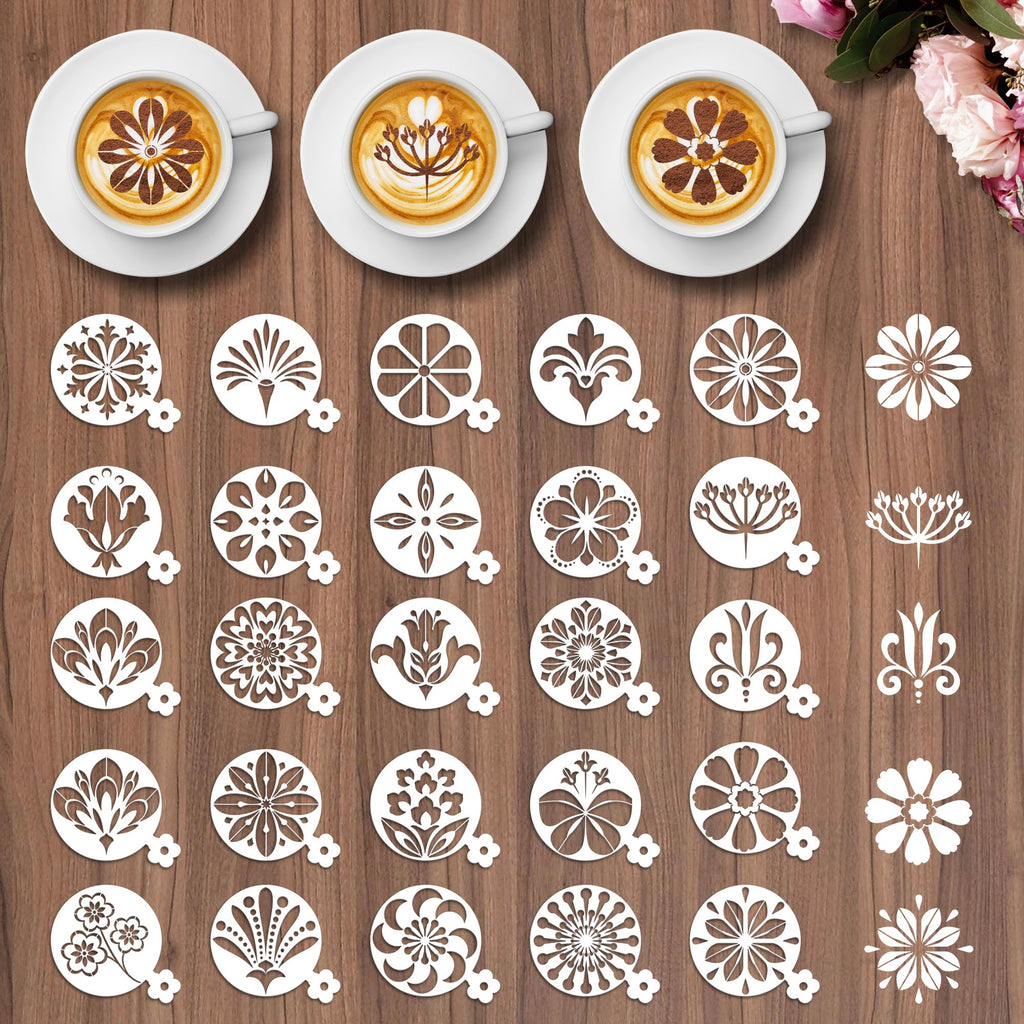 Sitsink Mandala Flower Coffee Stencils - 25 Pcs Stencils for Cookies Sourdough Bread Decor, Reuable Template for Crafts Floral Design