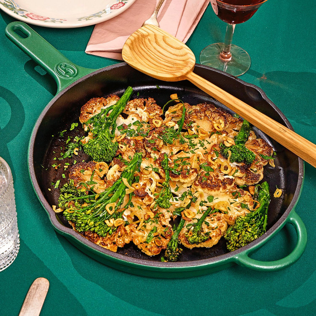 Great Jones 12 Inch Cast-Iron Enameled Skillet (Broccoli) - Safe to 500°F