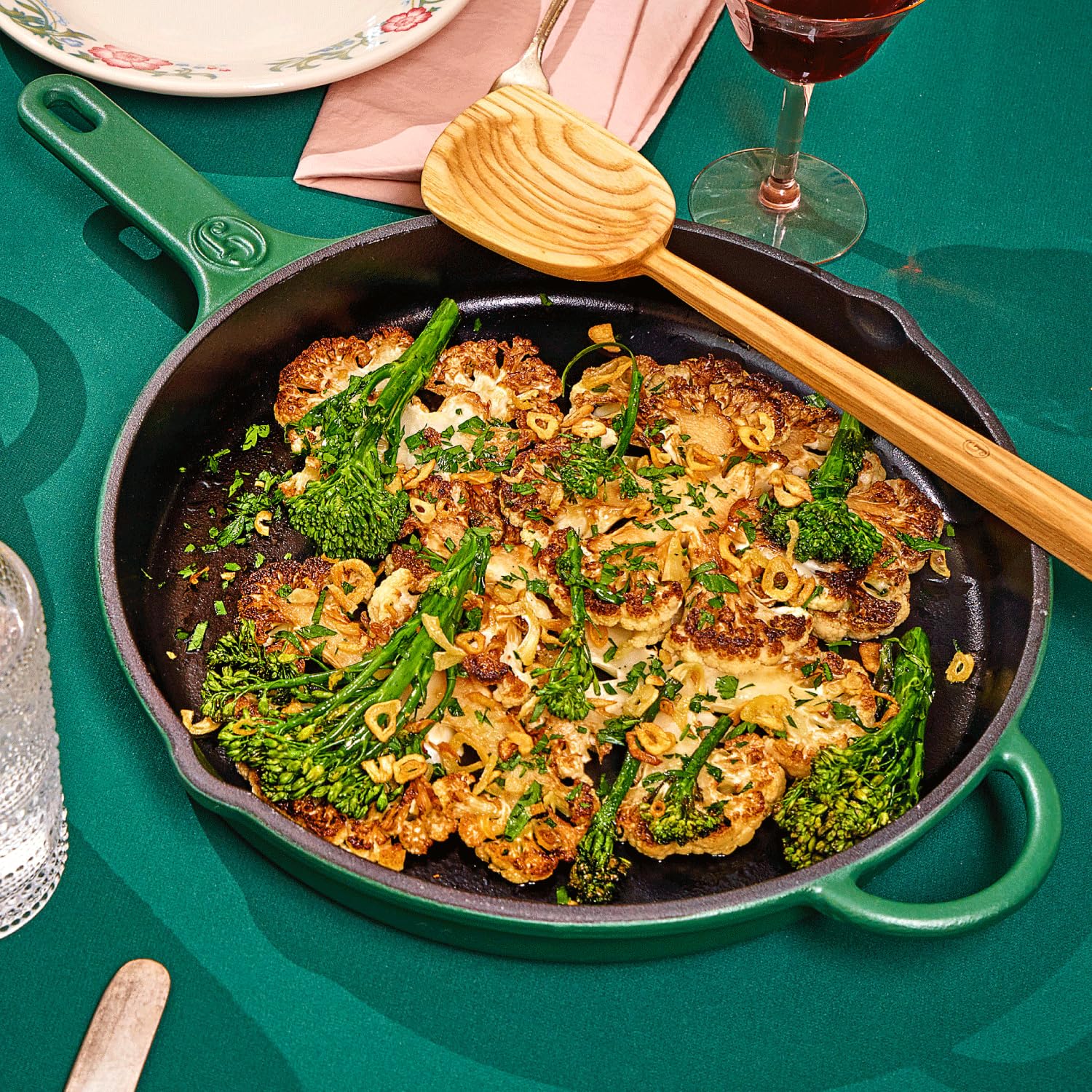 Great Jones 12 Inch Cast-Iron Enameled Skillet (Broccoli) - Safe to 500°F