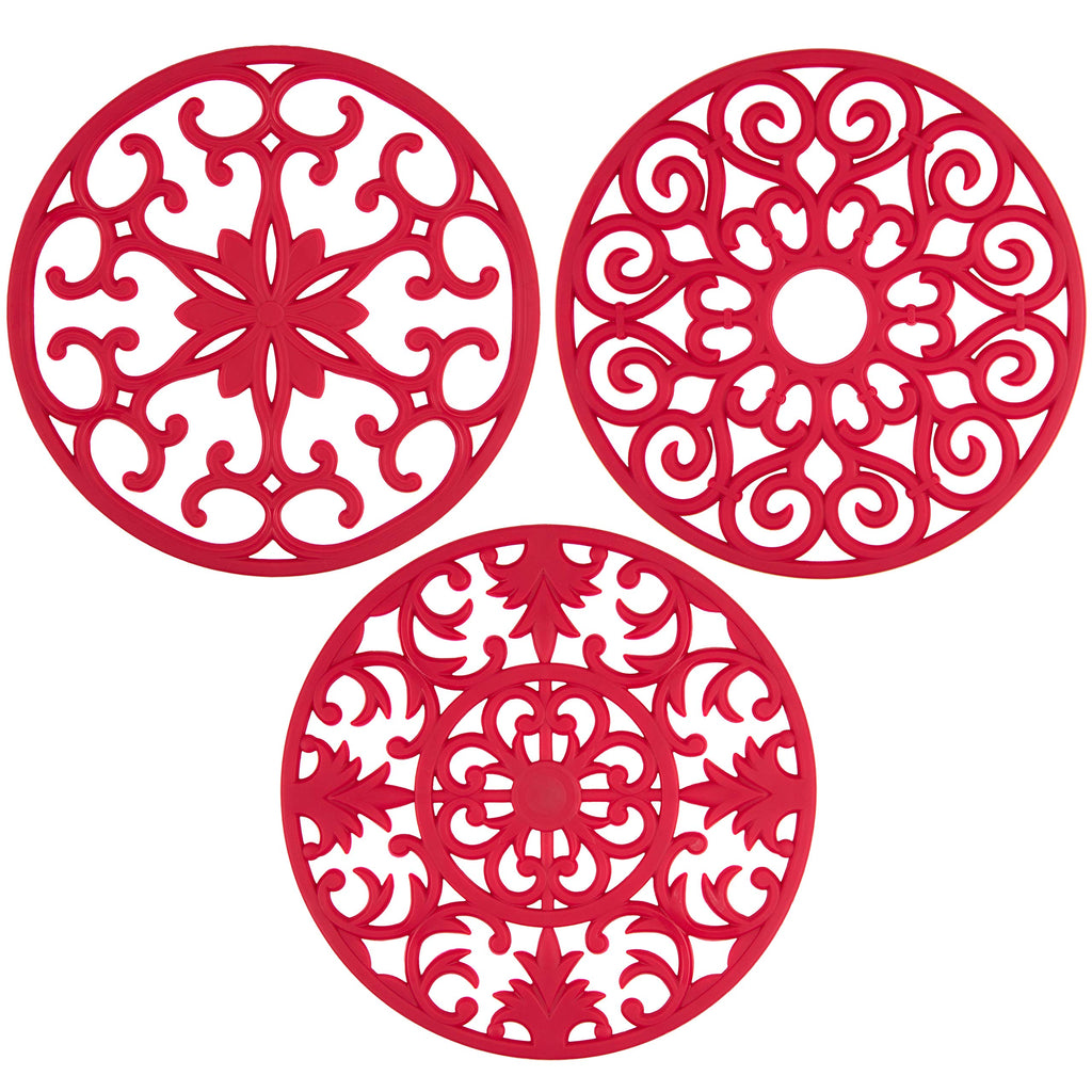 GASARÉ, Extra Large, Thick, 10" Silicone Trivets for Hot Dishes, Pots, and Pans, Hot Pads for Countertops, Flexible, Dishwasher Safe, 10 x ¼ Inches, Set of 3, Red