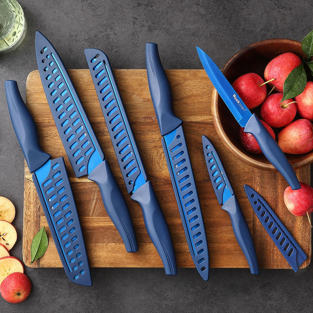 Wanbasion Blue Professional Kitchen Knife Chef Set, Stainless Steel, Dishwasher Safe with Sheathes