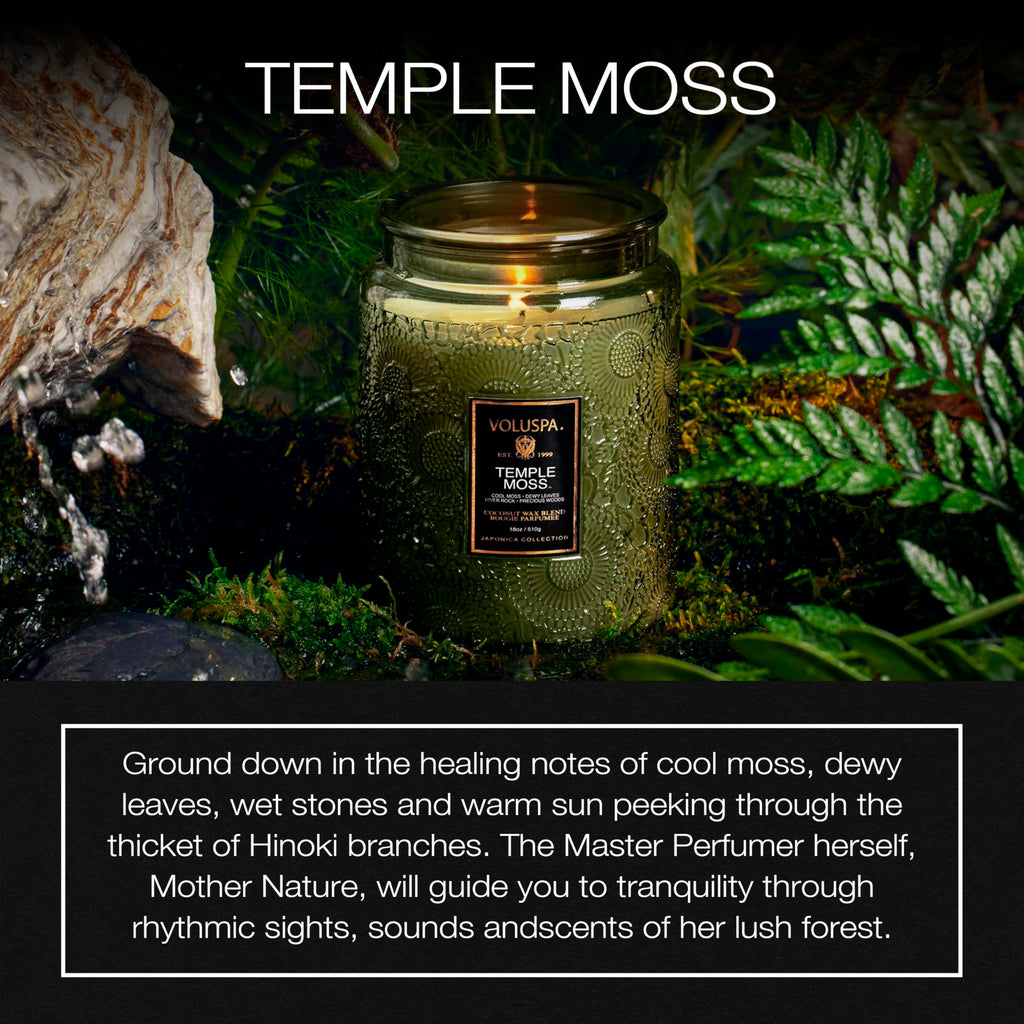 Voluspa Temple Moss, Large Candle Jar, 18oz, Coconut Wax Blend, Scented Candles for Home, 100 Hour Burn Time, Handcrafted in the USA