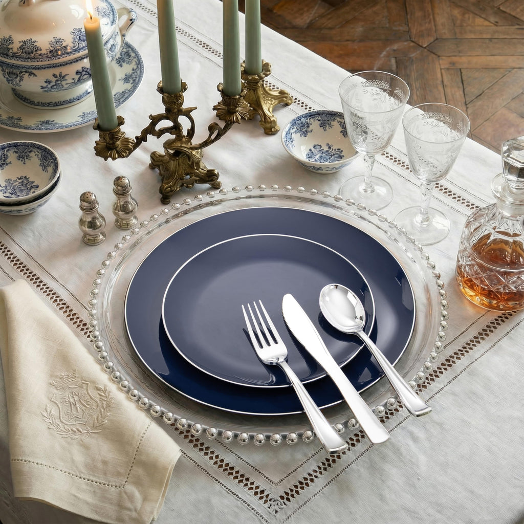 KIRE 200PCS Blue Plastic Plates with Silver Rim - Navy Blue Plastic Plates Include 100 Dinner & Dessert Plate - Heavy Duty Dark Blue Disposable Plate for Wedding/Parties