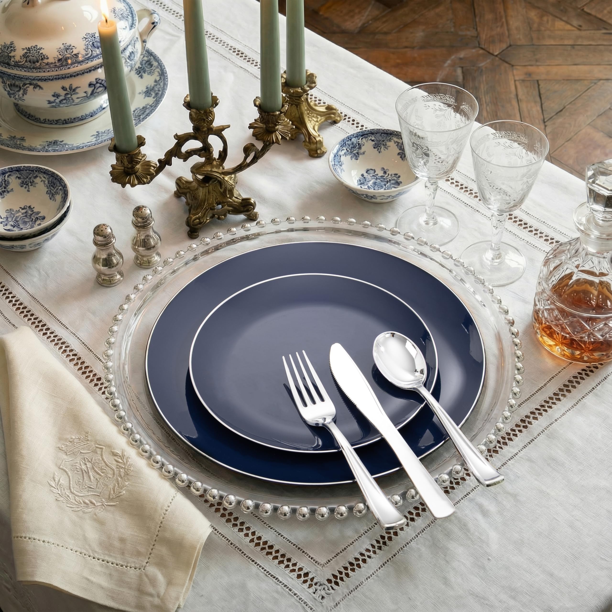 KIRE 200PCS Blue Plastic Plates with Silver Rim - Navy Blue Plastic Plates Include 100 Dinner & Dessert Plate - Heavy Duty Dark Blue Disposable Plate for Wedding/Parties