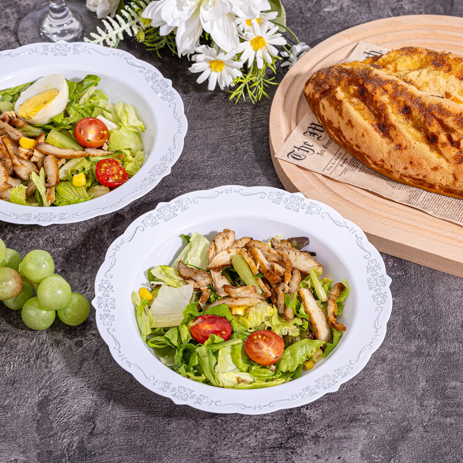 DaYammi 50 Pack Plastic Bowls with Silver Rim, 12oz Disposable Soup Bowls,Silver bowls Disposable Heavy Duty Dinner Bowl for Wedding,Plastic Serving bowls for Parties,Dinners,Catering and Everyday Use