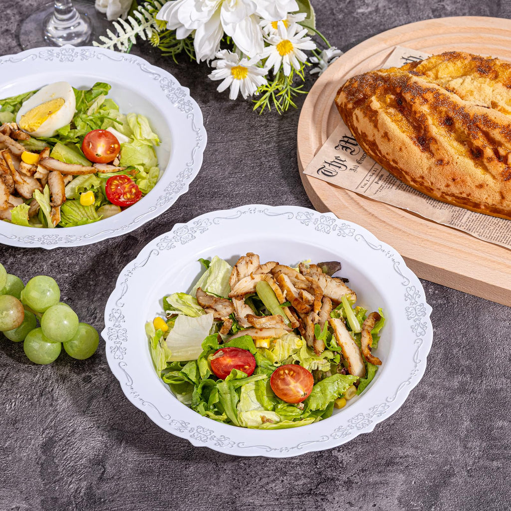 DaYammi 30 Pack Plastic Bowls with Silver Rim, 12oz Disposable Soup Bowls, Silver Bowls Disposable Heavy Duty Dinner Bowls for Weddings,Plastic Serving bowls Parties,Dinners,Catering and Everyday Use