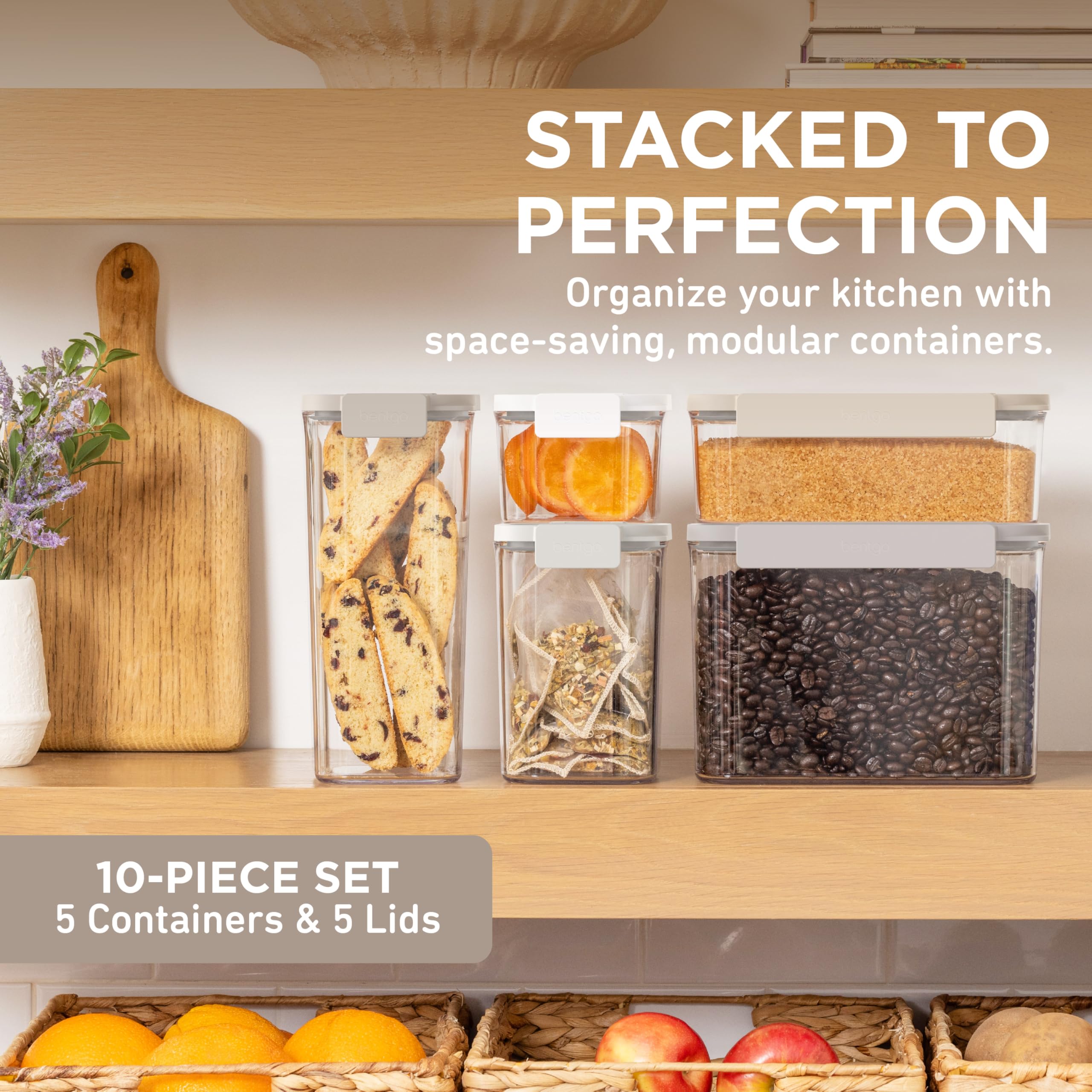 Bentgo Pantry - 10-Piece Airtight Food Storage Containers, Clear, Stackable Kitchen & Pantry Organization, Locking Lids for Freshness, BPA-Free Plastic - Ideal for Sugar, Flour, & More (White Stone)