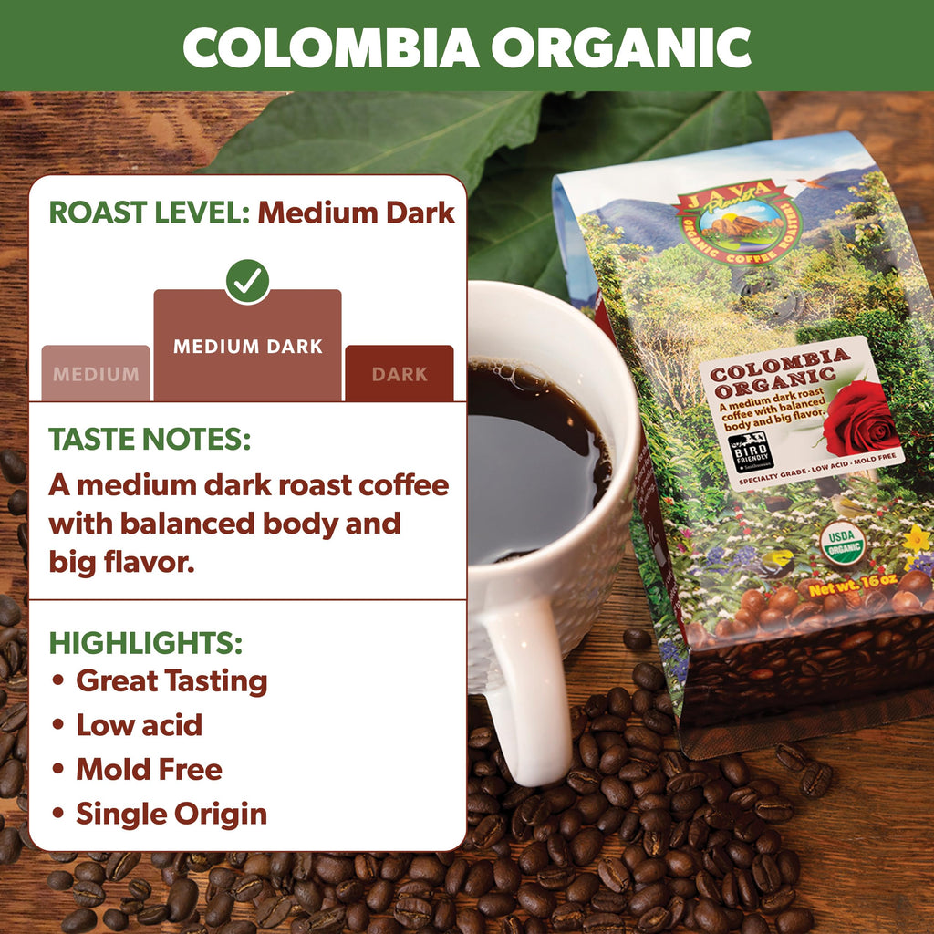 Java Planet Low Acid Organic Colombian Coffee Beans, Medium Dark Roast 32oz
