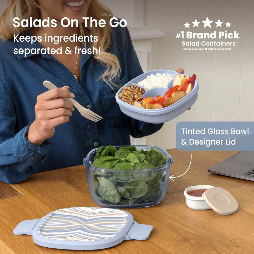 Bentgo Glass Salad Container, 7.6-Cup, 4-Compartment Tray, Reusable Fork