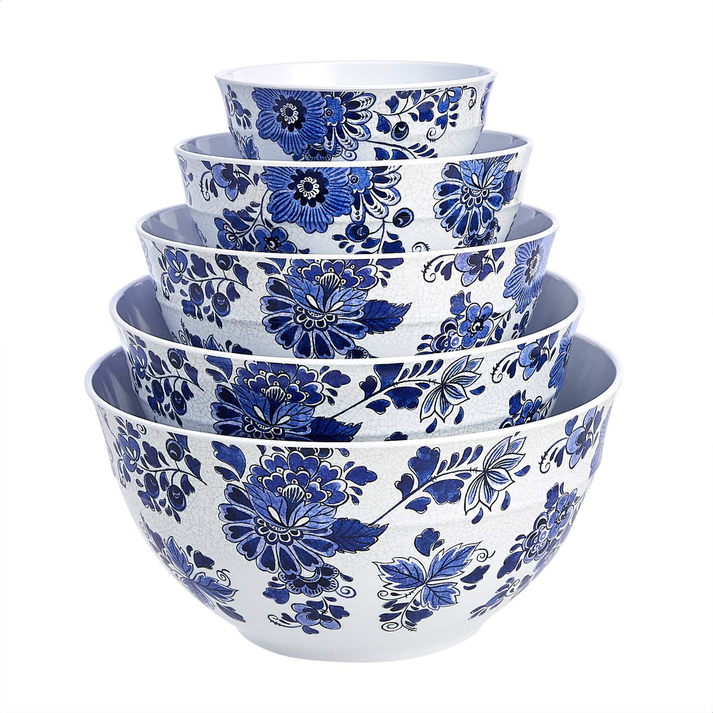 Mixing Bowls with Lids, Nesting Melamine Serving Bowls, Non-Slip Base, BPA Free, Dishwasher Safe, 5 Sizes, Blue and White Floral, Set of 10
