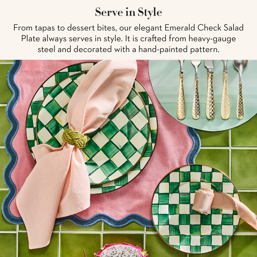 MACKENZIE-CHILDS Enamel Salad Plate, Green-and-White Emerald Check