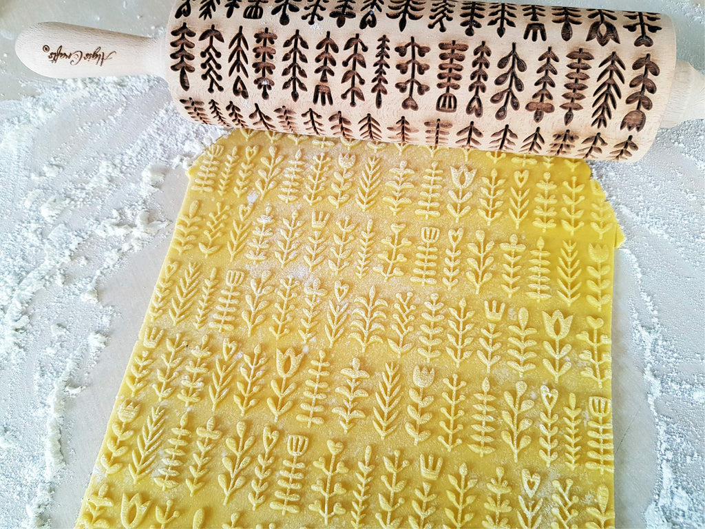 HERBS Embossing rolling pin. Leafy green and flowering plants on embossed dough roller