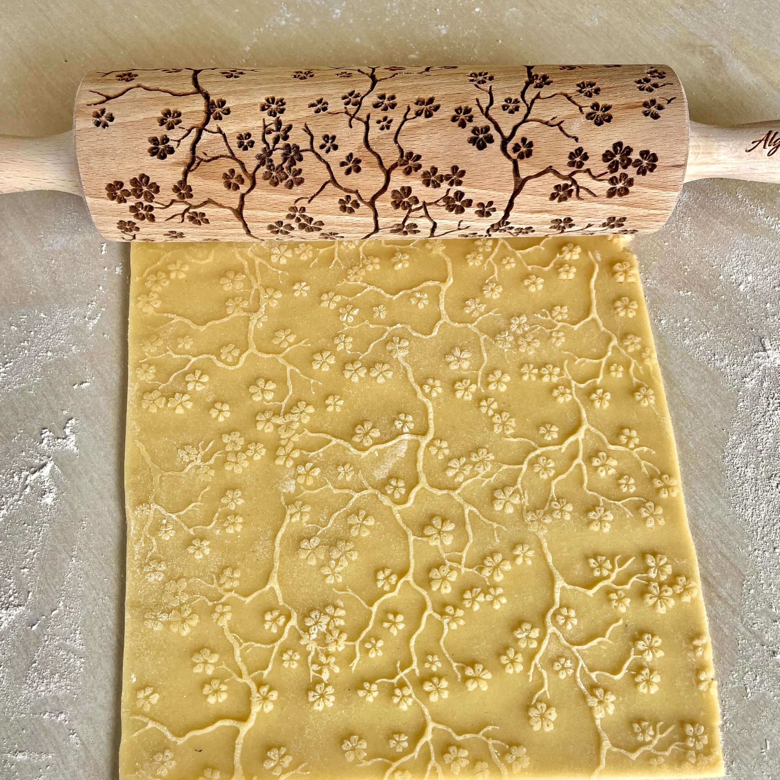 SAKURA TREE Embossing Rolling Pin with Blooming Sakura Flowers Pattern. Dough and Clay Roller for Embossed Cookies Fondant Pottery. Cookie and Ceramic Stamp. Backing Gifts for Women by Algis Crafts