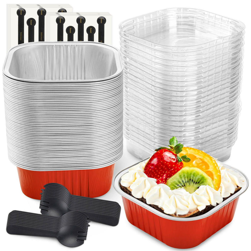 NPLUX Square Cake Pans with Lids, 50 Pack Red 10oz for Seasonal Baking