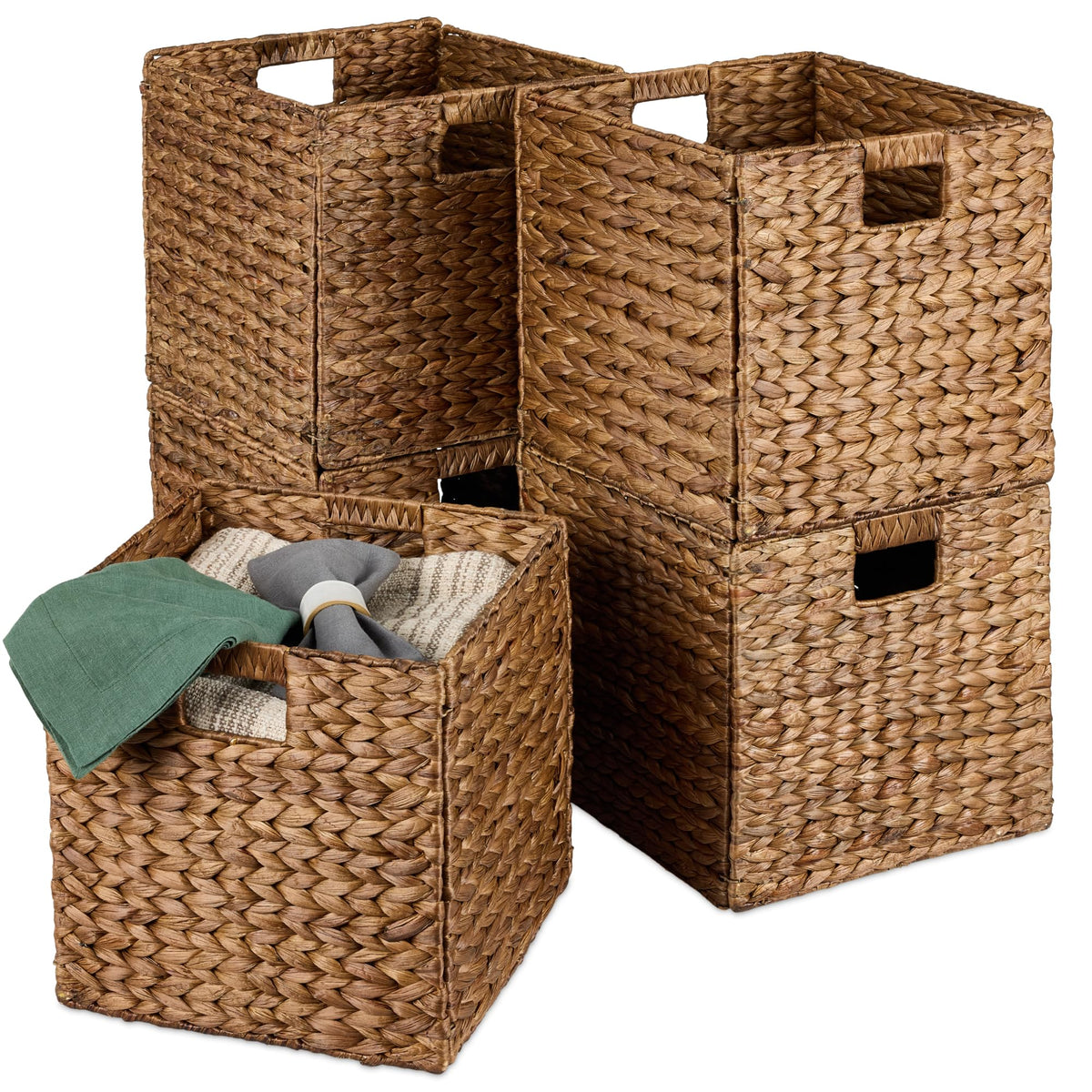Best Choice Products 10.5x10.5in Pack of 5 Cube Storage Baskets, Water Hyacinth Multipurpose Collapsible Organizers, Handwoven Laundry Totes for Laundry, Living Room, Kids Room & Nursery - Whitewash