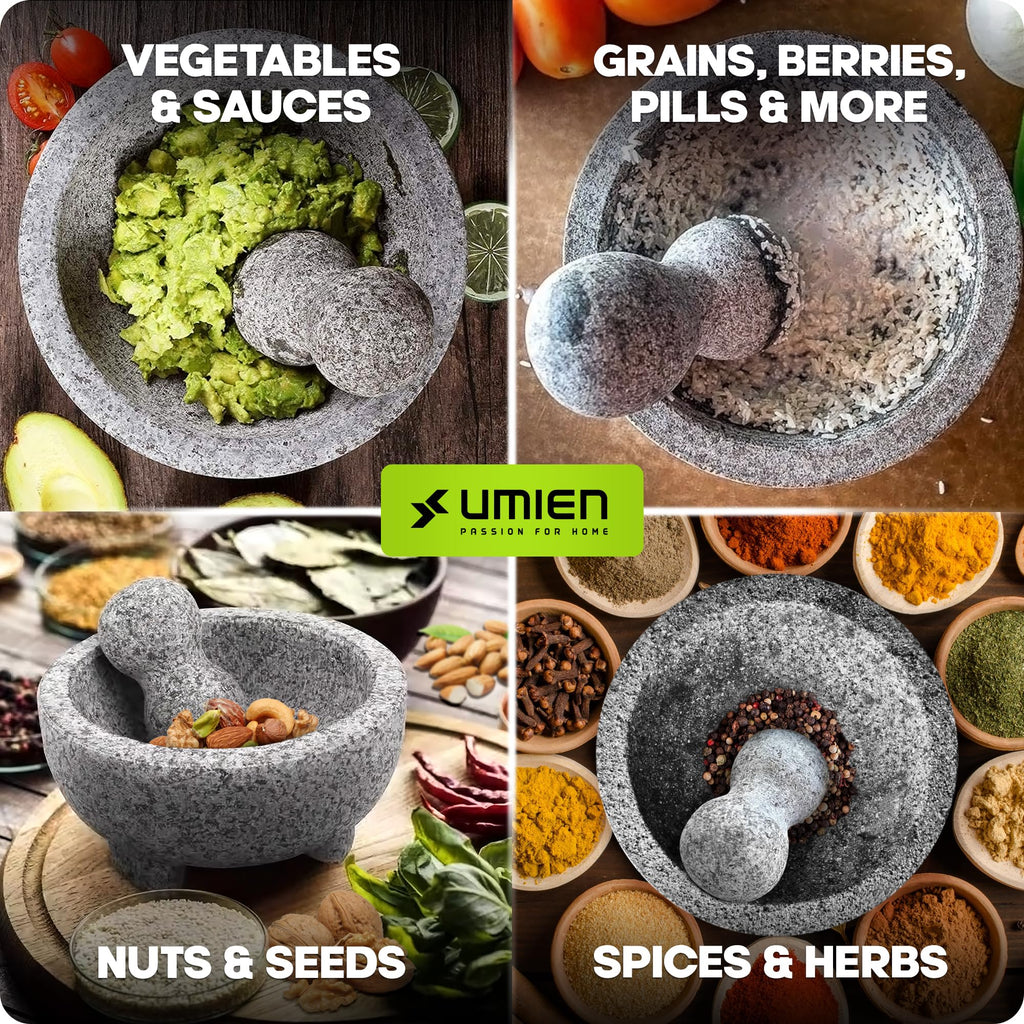 Umien Granite Mortar and Pestle Set 8-Inch (3.5-Cup), Molcajete, Grey