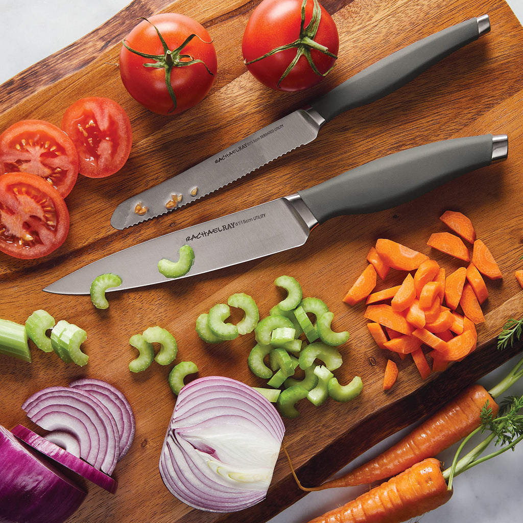 Rachael Ray Cutlery Japanese Stainless Steel Knives Set with Sheaths, 6-Inch Utility Knife and 5-Inch Serrated Utility Knife, Gray