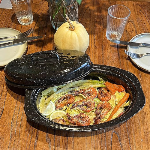 13” Enamel Roaster With Lid Oval Roasting Pan For Oven,Turkey Roaster Pot Broiler Pan Chicken Vegetables Suitable For Dining With Two People High Cookware Small Baking Pan